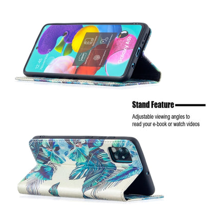 For Samsung Galaxy A51 Colored Drawing Pattern Invisible Magnetic Horizontal Flip PU Leather Case with Holder & Card Slots & Wallet(Blue Leaf) by buy2fix