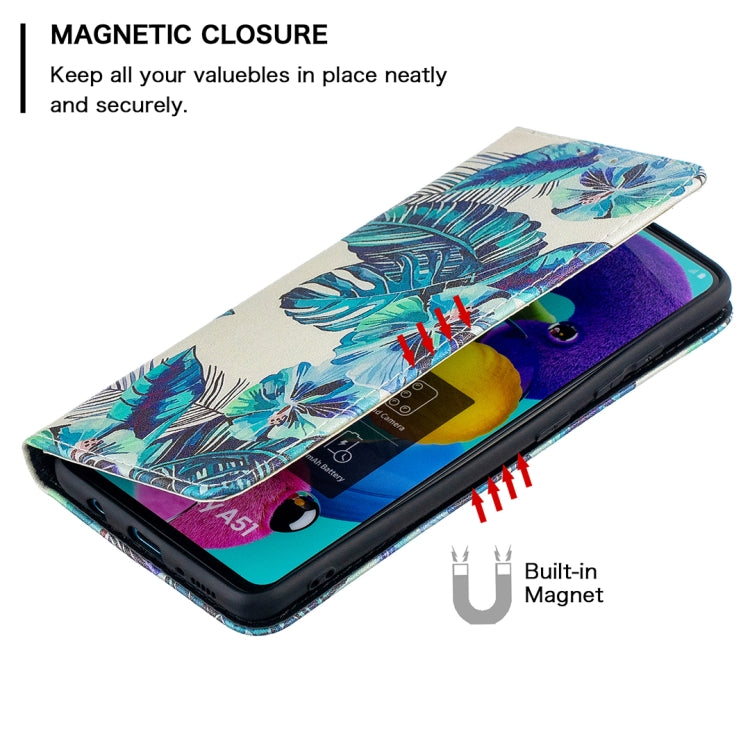 For Samsung Galaxy A51 Colored Drawing Pattern Invisible Magnetic Horizontal Flip PU Leather Case with Holder & Card Slots & Wallet(Blue Leaf) by buy2fix