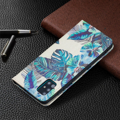 For Samsung Galaxy A51 Colored Drawing Pattern Invisible Magnetic Horizontal Flip PU Leather Case with Holder & Card Slots & Wallet(Blue Leaf) by buy2fix