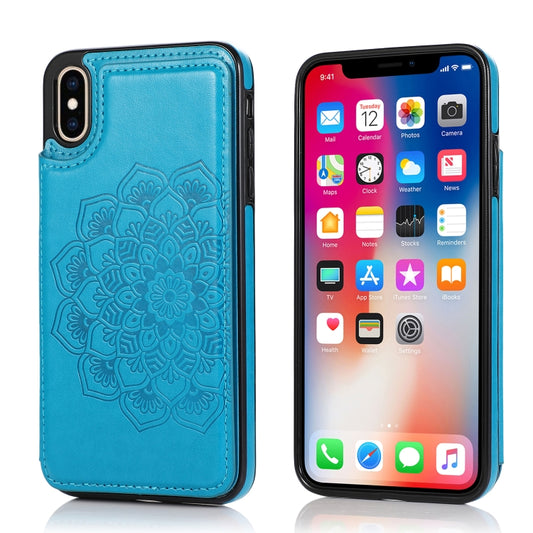 For iPhone X / XS Double Buckle Mandala Pattern PU+TPU Protective Case with Card Slots & Holder & Photo Frame(Blue) - More iPhone Cases by buy2fix | Online Shopping UK | buy2fix