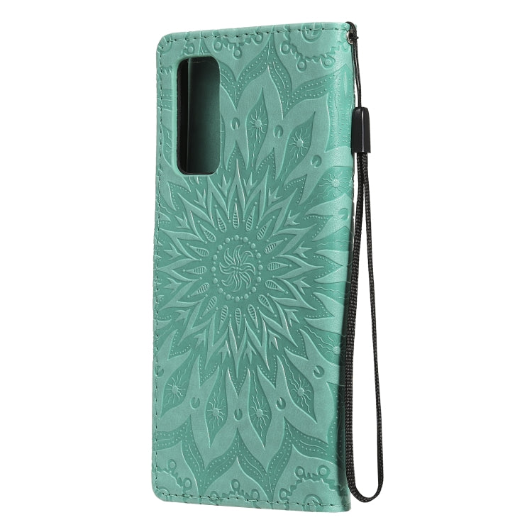 For Samsung Galaxy S20 FE Pressed Printing Sunflower Pattern Horizontal Flip PU Leather Case with Holder & Card Slots & Wallet & Lanyard(Green) by buy2fix