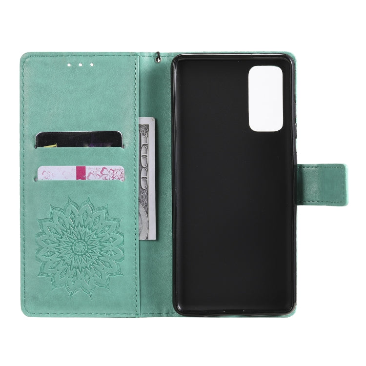 For Samsung Galaxy S20 FE Pressed Printing Sunflower Pattern Horizontal Flip PU Leather Case with Holder & Card Slots & Wallet & Lanyard(Green) by buy2fix