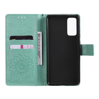 For Samsung Galaxy S20 FE Pressed Printing Sunflower Pattern Horizontal Flip PU Leather Case with Holder & Card Slots & Wallet & Lanyard(Green) by buy2fix
