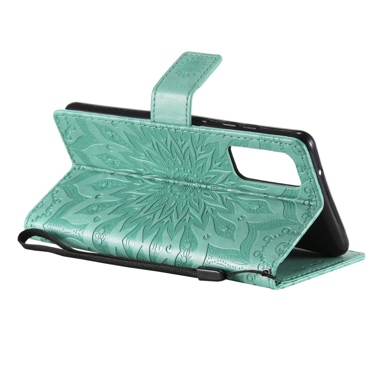 For Samsung Galaxy S20 FE Pressed Printing Sunflower Pattern Horizontal Flip PU Leather Case with Holder & Card Slots & Wallet & Lanyard(Green) by buy2fix