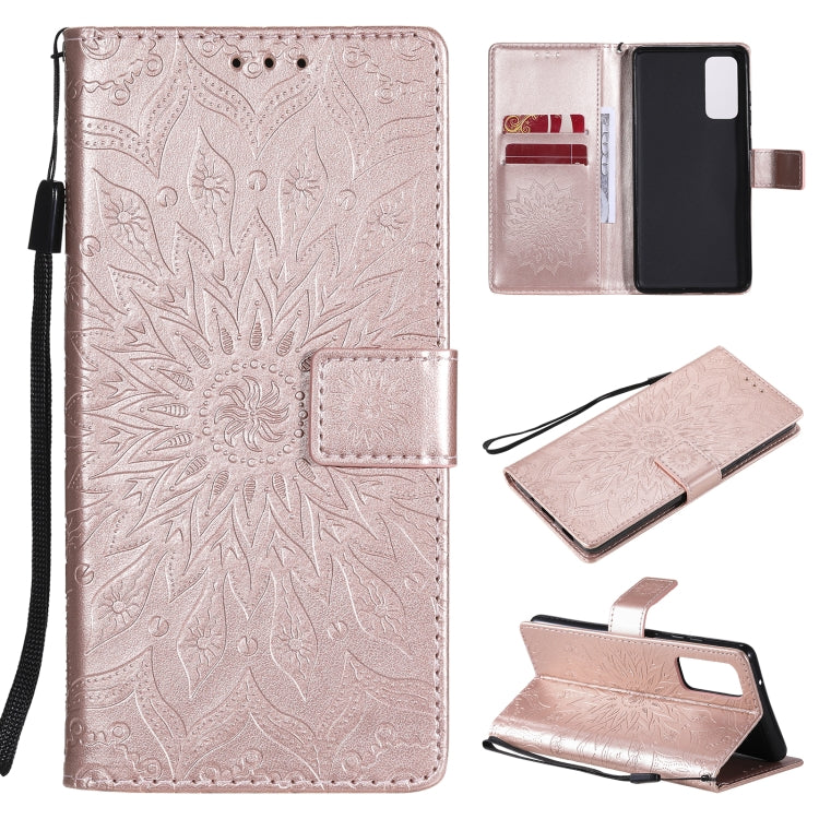 For Samsung Galaxy S20 FE Pressed Printing Sunflower Pattern Horizontal Flip PU Leather Case with Holder & Card Slots & Wallet & Lanyard(Rose Gold) by buy2fix