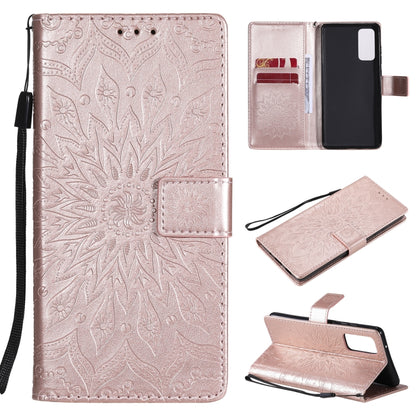 For Samsung Galaxy S20 FE Pressed Printing Sunflower Pattern Horizontal Flip PU Leather Case with Holder & Card Slots & Wallet & Lanyard(Rose Gold) by buy2fix