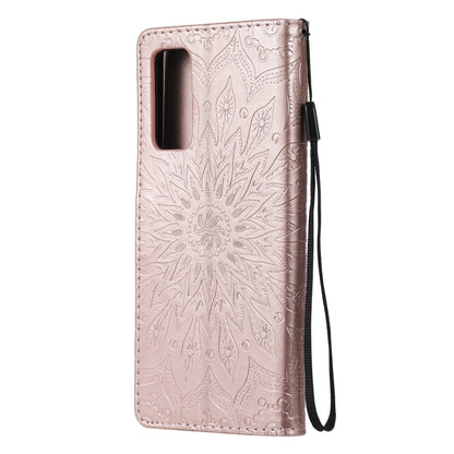 For Samsung Galaxy S20 FE Pressed Printing Sunflower Pattern Horizontal Flip PU Leather Case with Holder & Card Slots & Wallet & Lanyard(Rose Gold) by buy2fix