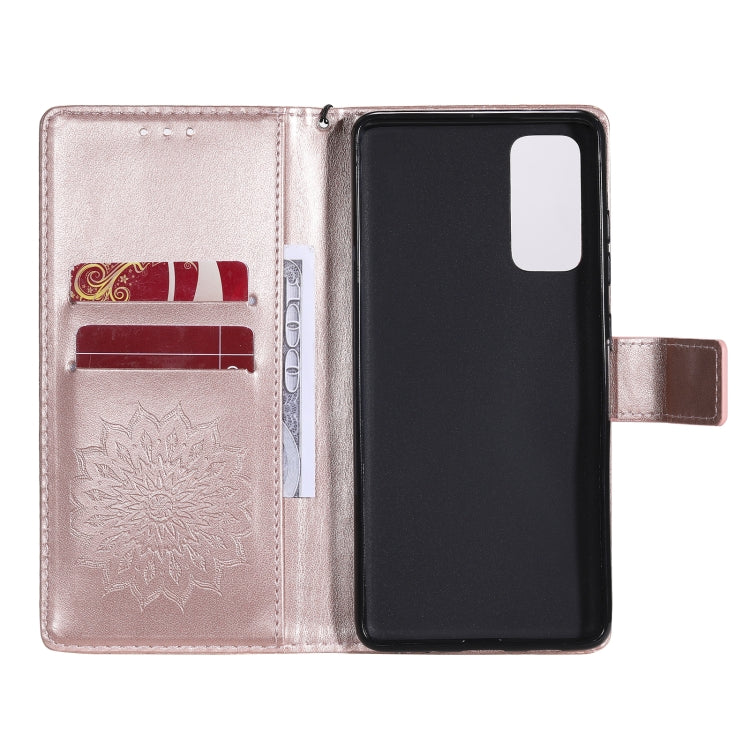 For Samsung Galaxy S20 FE Pressed Printing Sunflower Pattern Horizontal Flip PU Leather Case with Holder & Card Slots & Wallet & Lanyard(Rose Gold) by buy2fix