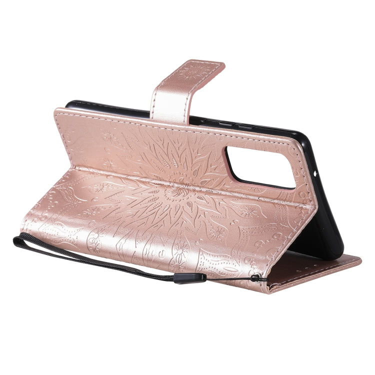 For Samsung Galaxy S20 FE Pressed Printing Sunflower Pattern Horizontal Flip PU Leather Case with Holder & Card Slots & Wallet & Lanyard(Rose Gold) by buy2fix