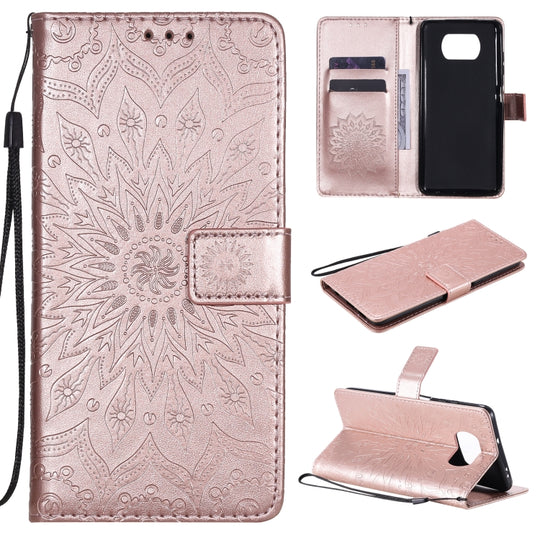 For Xiaomi Poco X3 NFC Pressed Printing Sunflower Pattern Horizontal Flip PU Leather Case with Holder & Card Slots & Wallet & Lanyard(Rose Gold)