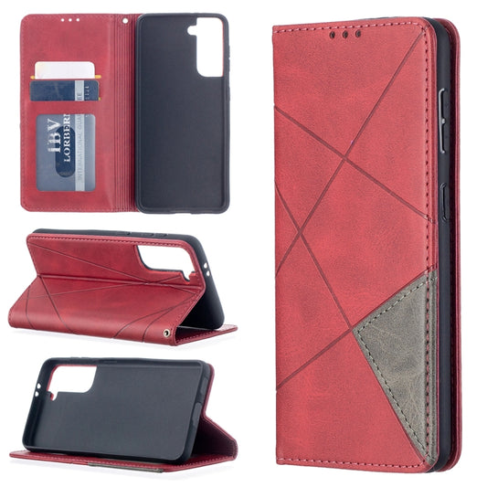 For Samsung Galaxy S21 5G Rhombus Texture Horizontal Flip Magnetic Leather Case with Holder & Card Slots(Red) - Galaxy S21 5G Cases by buy2fix | Online Shopping UK | buy2fix