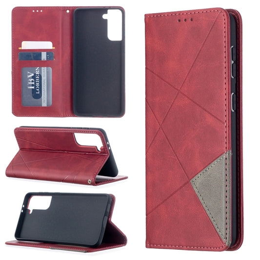For Samsung Galaxy S21+ 5G Rhombus Texture Horizontal Flip Magnetic Leather Case with Holder & Card Slots(Red) - Galaxy S21+ 5G Cases by buy2fix | Online Shopping UK | buy2fix