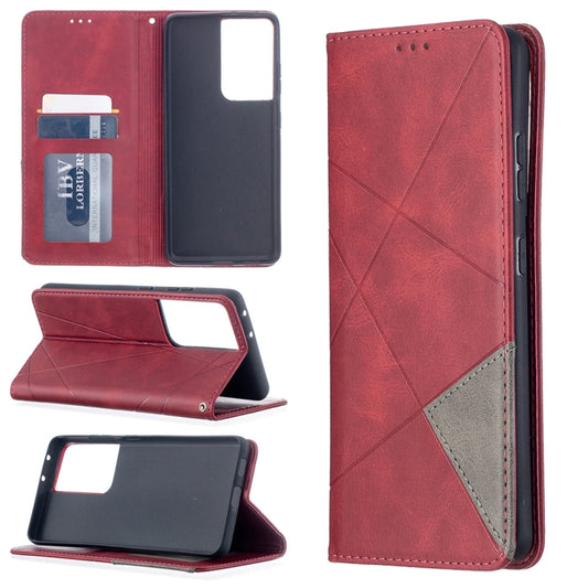 For Samsung Galaxy S21 Ultra 5G Rhombus Texture Horizontal Flip Magnetic Leather Case with Holder & Card Slots(Red) - Galaxy S21 Ultra 5G Cases by buy2fix | Online Shopping UK | buy2fix