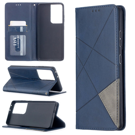 For Samsung Galaxy S21 Ultra 5G Rhombus Texture Horizontal Flip Magnetic Leather Case with Holder & Card Slots(Blue) - Galaxy S21 Ultra 5G Cases by buy2fix | Online Shopping UK | buy2fix