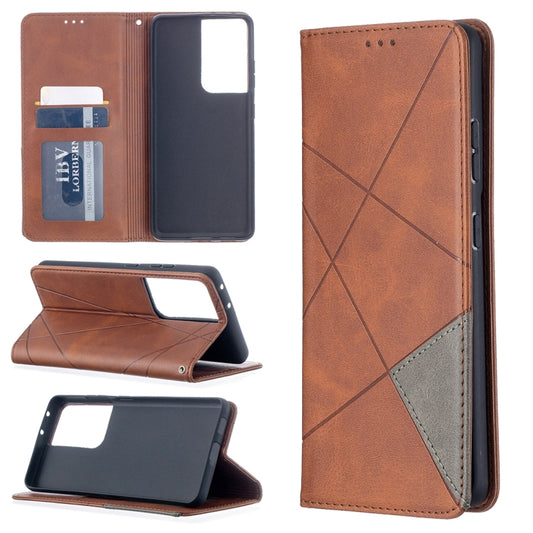 For Samsung Galaxy S21 Ultra 5G Rhombus Texture Horizontal Flip Magnetic Leather Case with Holder & Card Slots(Brown) - Galaxy S21 Ultra 5G Cases by buy2fix | Online Shopping UK | buy2fix