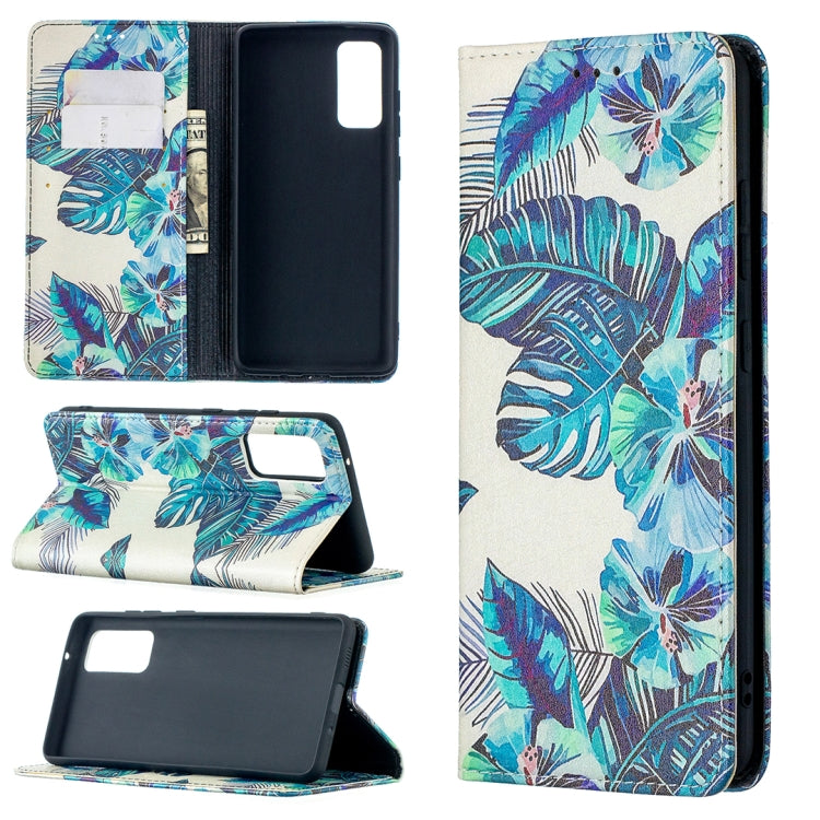 For Samsung Galaxy S20 FE Colored Drawing Pattern Invisible Magnetic Horizontal Flip PU Leather Case with Holder & Card Slots & Wallet(Blue Leaves) by buy2fix