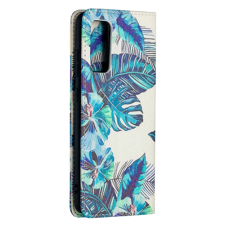 For Samsung Galaxy S20 FE Colored Drawing Pattern Invisible Magnetic Horizontal Flip PU Leather Case with Holder & Card Slots & Wallet(Blue Leaves) by buy2fix