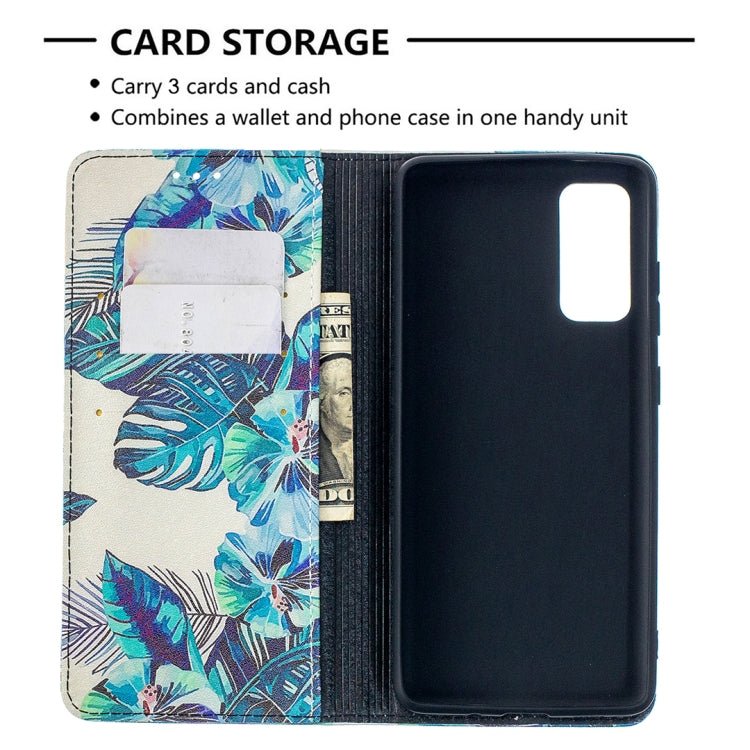 For Samsung Galaxy S20 FE Colored Drawing Pattern Invisible Magnetic Horizontal Flip PU Leather Case with Holder & Card Slots & Wallet(Blue Leaves) by buy2fix