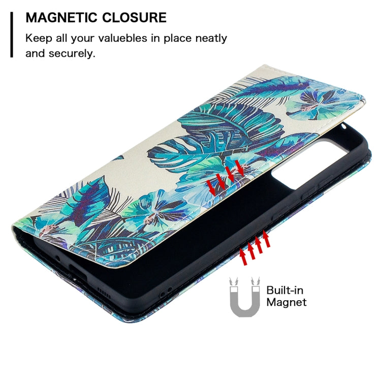 For Samsung Galaxy S20 FE Colored Drawing Pattern Invisible Magnetic Horizontal Flip PU Leather Case with Holder & Card Slots & Wallet(Blue Leaves) by buy2fix