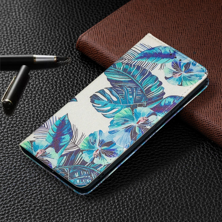 For Samsung Galaxy S20 FE Colored Drawing Pattern Invisible Magnetic Horizontal Flip PU Leather Case with Holder & Card Slots & Wallet(Blue Leaves) by buy2fix