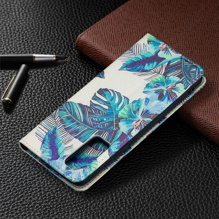 For Samsung Galaxy S20 FE Colored Drawing Pattern Invisible Magnetic Horizontal Flip PU Leather Case with Holder & Card Slots & Wallet(Blue Leaves) by buy2fix
