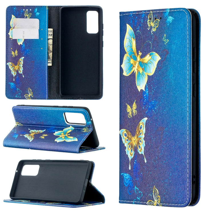 For Samsung Galaxy S20 FE Colored Drawing Pattern Invisible Magnetic Horizontal Flip PU Leather Case with Holder & Card Slots & Wallet(Gold Butterflies) by buy2fix