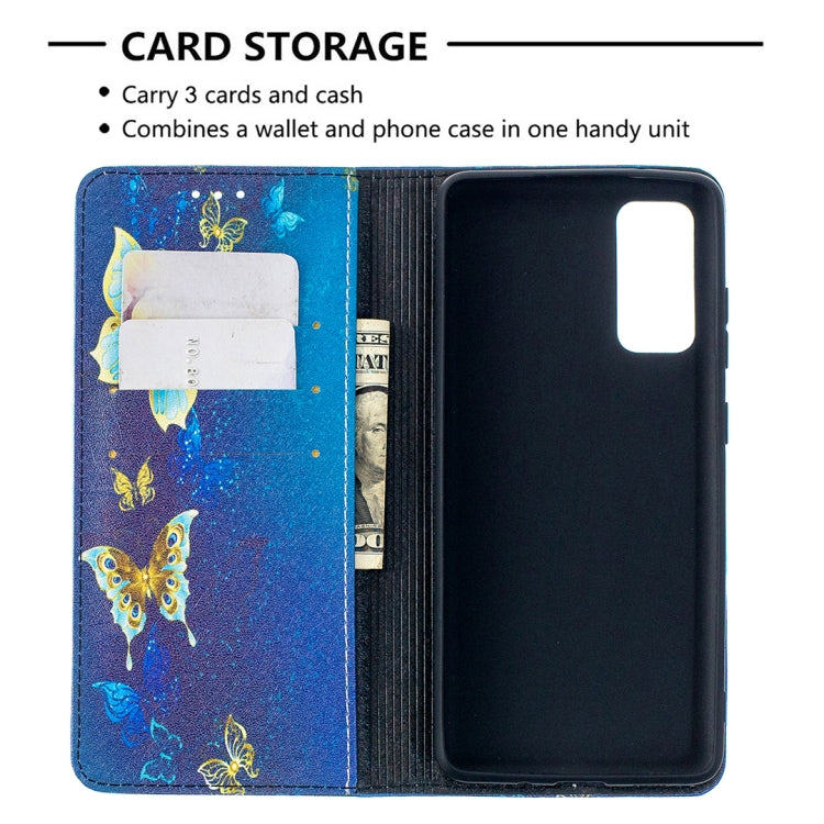 For Samsung Galaxy S20 FE Colored Drawing Pattern Invisible Magnetic Horizontal Flip PU Leather Case with Holder & Card Slots & Wallet(Gold Butterflies) by buy2fix