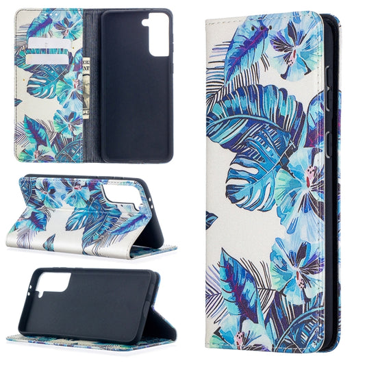 For Samsung Galaxy S21+ 5G Colored Drawing Pattern Invisible Magnetic Horizontal Flip PU Leather Case with Holder & Card Slots & Wallet(Blue Leaves) - Galaxy S21+ 5G Cases by buy2fix | Online Shopping UK | buy2fix
