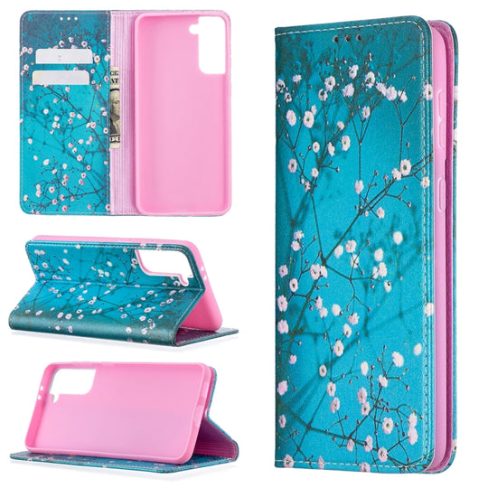 For Samsung Galaxy S21+ 5G Colored Drawing Pattern Invisible Magnetic Horizontal Flip PU Leather Case with Holder & Card Slots & Wallet(Plum Blossom)