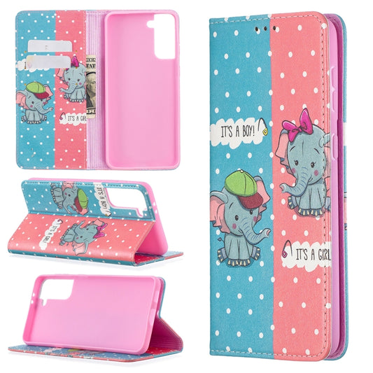 For Samsung Galaxy S21+ 5G Colored Drawing Pattern Invisible Magnetic Horizontal Flip PU Leather Case with Holder & Card Slots & Wallet(Elephants) - Galaxy S21+ 5G Cases by buy2fix | Online Shopping UK | buy2fix