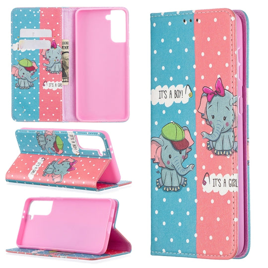 For Samsung Galaxy S21+ 5G Colored Drawing Pattern Invisible Magnetic Horizontal Flip PU Leather Case with Holder & Card Slots & Wallet(Elephants)