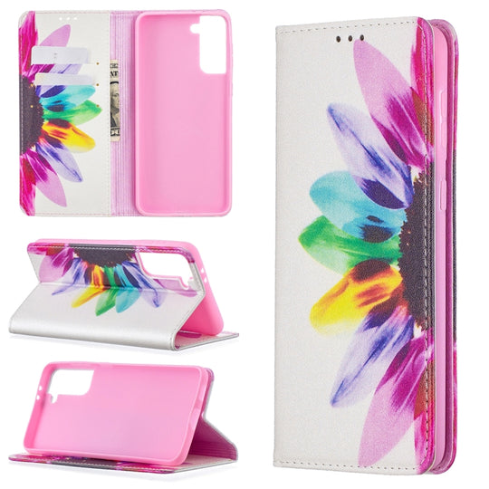 For Samsung Galaxy S21+ 5G Colored Drawing Pattern Invisible Magnetic Horizontal Flip PU Leather Case with Holder & Card Slots & Wallet(Sun Flower)