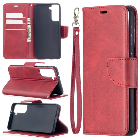 For Samsung Galaxy S21 5G Lambskin Texture Pure Color Horizontal Flip PU Leather Case with Holder & Card Slots & Wallet & Lanyard(Red)