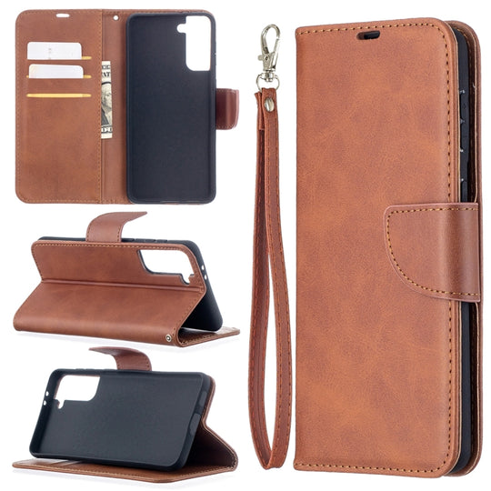 For Samsung Galaxy S21+ 5G Lambskin Texture Pure Color Horizontal Flip PU Leather Case with Holder & Card Slots & Wallet & Lanyard(Brown)