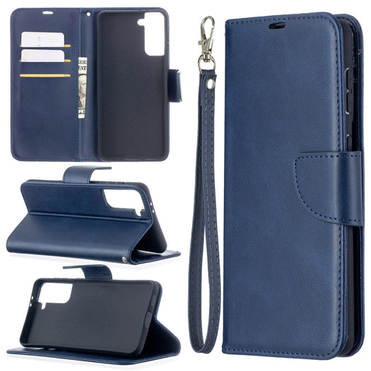 For Samsung Galaxy S21+ 5G Lambskin Texture Pure Color Horizontal Flip PU Leather Case with Holder & Card Slots & Wallet & Lanyard(Blue)