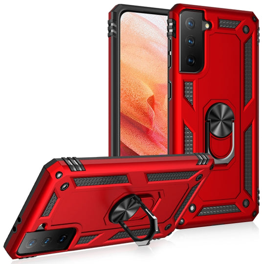 For Samsung Galaxy S21 5G Shockproof TPU + PC Protective Case with 360 Degree Rotating Holder(Red)