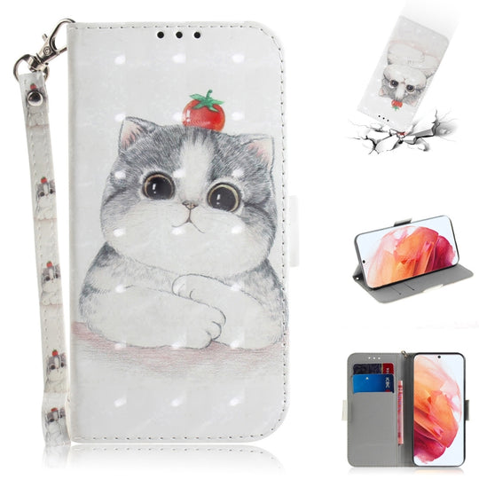 For Samsung Galaxy S21 5G 3D Colored Drawing Horizontal Flip Leather Case with Holder & Card Slots & Wallet & Lanyard(Cute Cat)