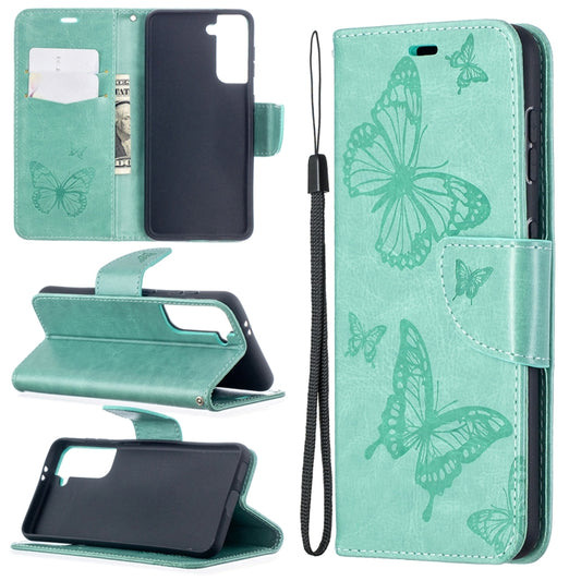 For Samsung Galaxy S21 5G Embossing Two Butterflies Pattern Horizontal Flip PU Leather Case with Holder & Card Slot & Wallet & Lanyard(Green) - Galaxy S21 5G Cases by buy2fix | Online Shopping UK | buy2fix