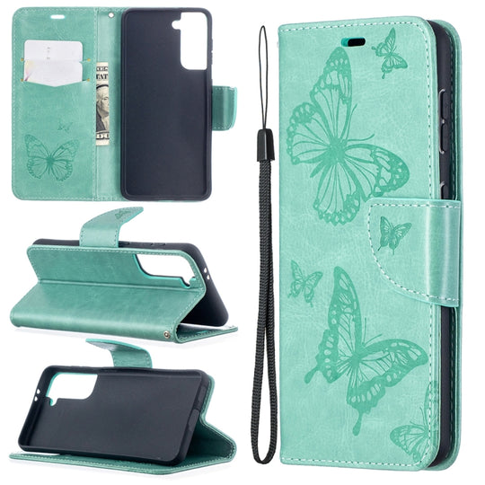 For Samsung Galaxy S21 5G Embossing Two Butterflies Pattern Horizontal Flip PU Leather Case with Holder & Card Slot & Wallet & Lanyard(Green)