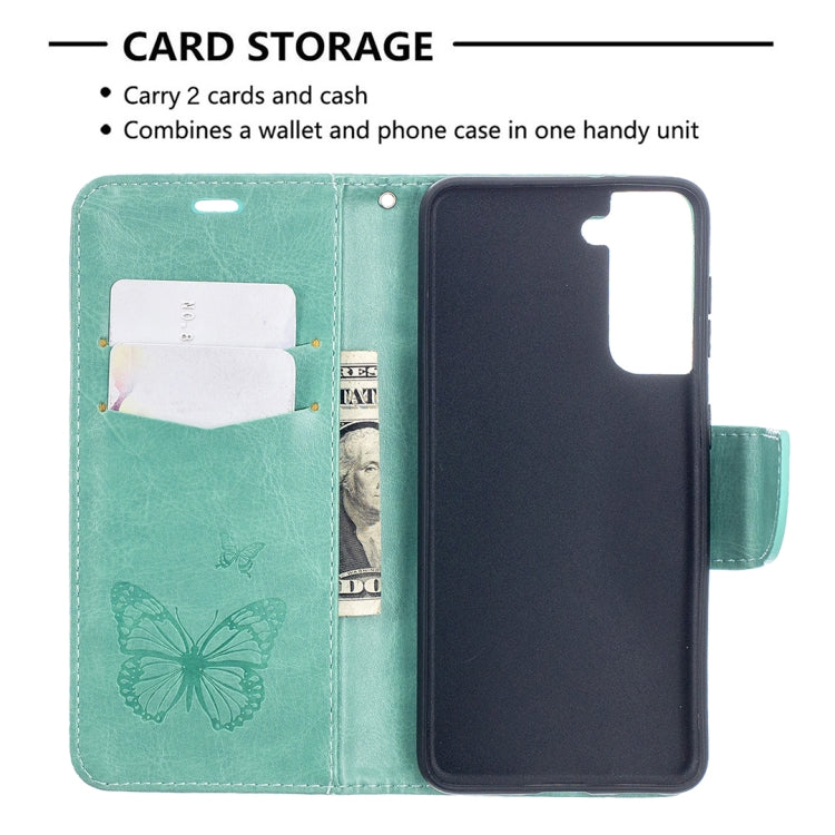 For Samsung Galaxy S21 5G Embossing Two Butterflies Pattern Horizontal Flip PU Leather Case with Holder & Card Slot & Wallet & Lanyard(Green) - Galaxy S21 5G Cases by buy2fix | Online Shopping UK | buy2fix
