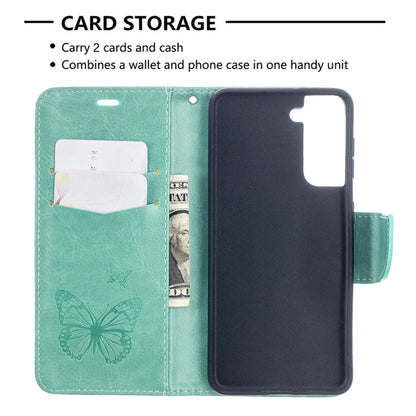 For Samsung Galaxy S21 5G Embossing Two Butterflies Pattern Horizontal Flip PU Leather Case with Holder & Card Slot & Wallet & Lanyard(Green) - Galaxy S21 5G Cases by buy2fix | Online Shopping UK | buy2fix