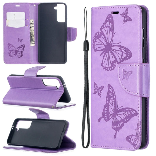 For Samsung Galaxy S21 5G Embossing Two Butterflies Pattern Horizontal Flip PU Leather Case with Holder & Card Slot & Wallet & Lanyard(Purple) - Galaxy S21 5G Cases by buy2fix | Online Shopping UK | buy2fix