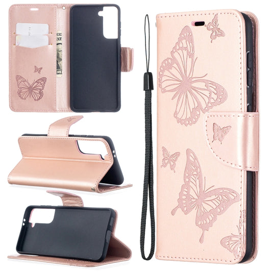 For Samsung Galaxy S21 5G Embossing Two Butterflies Pattern Horizontal Flip PU Leather Case with Holder & Card Slot & Wallet & Lanyard(Rose Gold) - Galaxy S21 5G Cases by buy2fix | Online Shopping UK | buy2fix