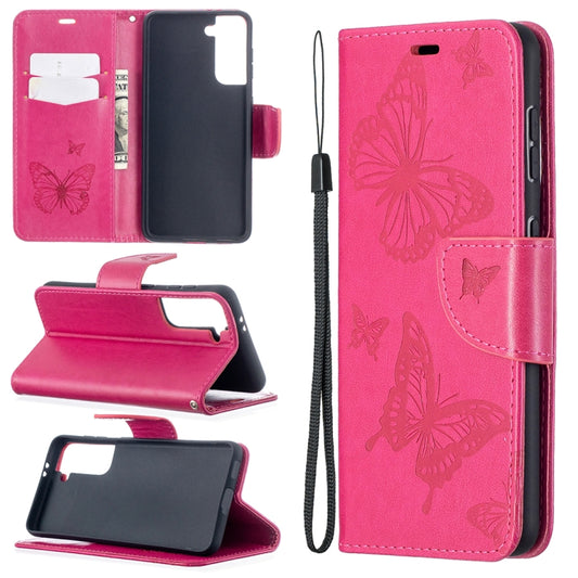 For Samsung Galaxy S21 5G Embossing Two Butterflies Pattern Horizontal Flip PU Leather Case with Holder & Card Slot & Wallet & Lanyard(Rose Red) - Galaxy S21 5G Cases by buy2fix | Online Shopping UK | buy2fix