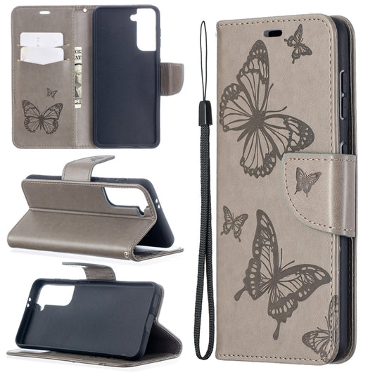 For Samsung Galaxy S21 5G Embossing Two Butterflies Pattern Horizontal Flip PU Leather Case with Holder & Card Slot & Wallet & Lanyard(Grey) - Galaxy S21 5G Cases by buy2fix | Online Shopping UK | buy2fix