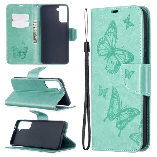 For Samsung Galaxy S21+ 5G Embossing Two Butterflies Pattern Horizontal Flip PU Leather Case with Holder & Card Slot & Wallet & Lanyard(Green) - Galaxy S21+ 5G Cases by buy2fix | Online Shopping UK | buy2fix