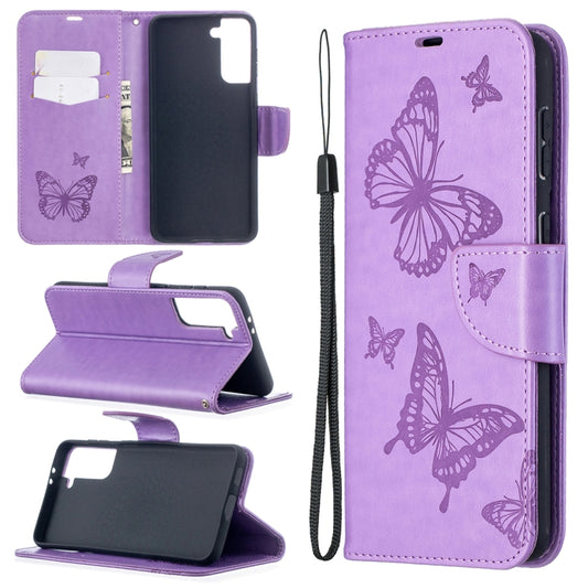 For Samsung Galaxy S21+ 5G Embossing Two Butterflies Pattern Horizontal Flip PU Leather Case with Holder & Card Slot & Wallet & Lanyard(Purple) - Galaxy S21+ 5G Cases by buy2fix | Online Shopping UK | buy2fix