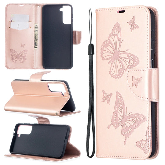 For Samsung Galaxy S21+ 5G Embossing Two Butterflies Pattern Horizontal Flip PU Leather Case with Holder & Card Slot & Wallet & Lanyard(Rose Gold)