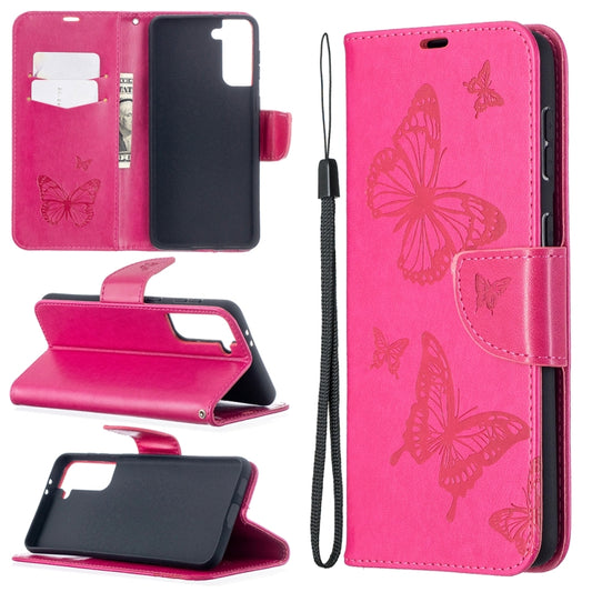For Samsung Galaxy S21+ 5G Embossing Two Butterflies Pattern Horizontal Flip PU Leather Case with Holder & Card Slot & Wallet & Lanyard(Rose Red) - Galaxy S21+ 5G Cases by buy2fix | Online Shopping UK | buy2fix
