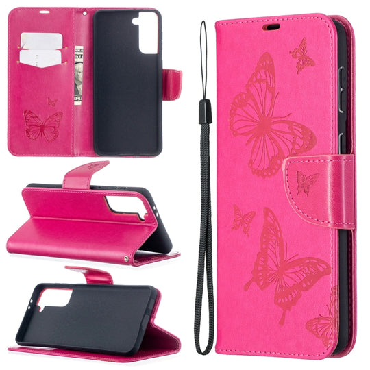 For Samsung Galaxy S21+ 5G Embossing Two Butterflies Pattern Horizontal Flip PU Leather Case with Holder & Card Slot & Wallet & Lanyard(Rose Red)